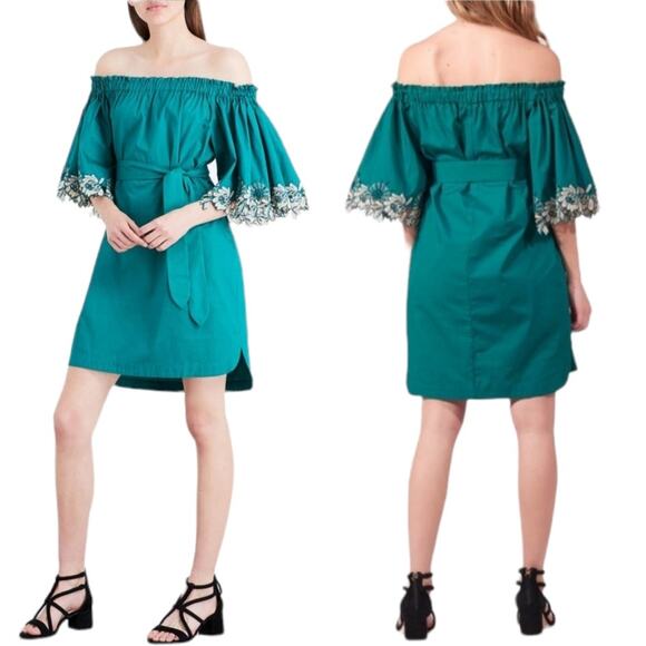 Sandro Sixteen Green Off Shoulder Poplin Lace Embroidered Mini Dress Size 6 NEW - Picture 1 of 12